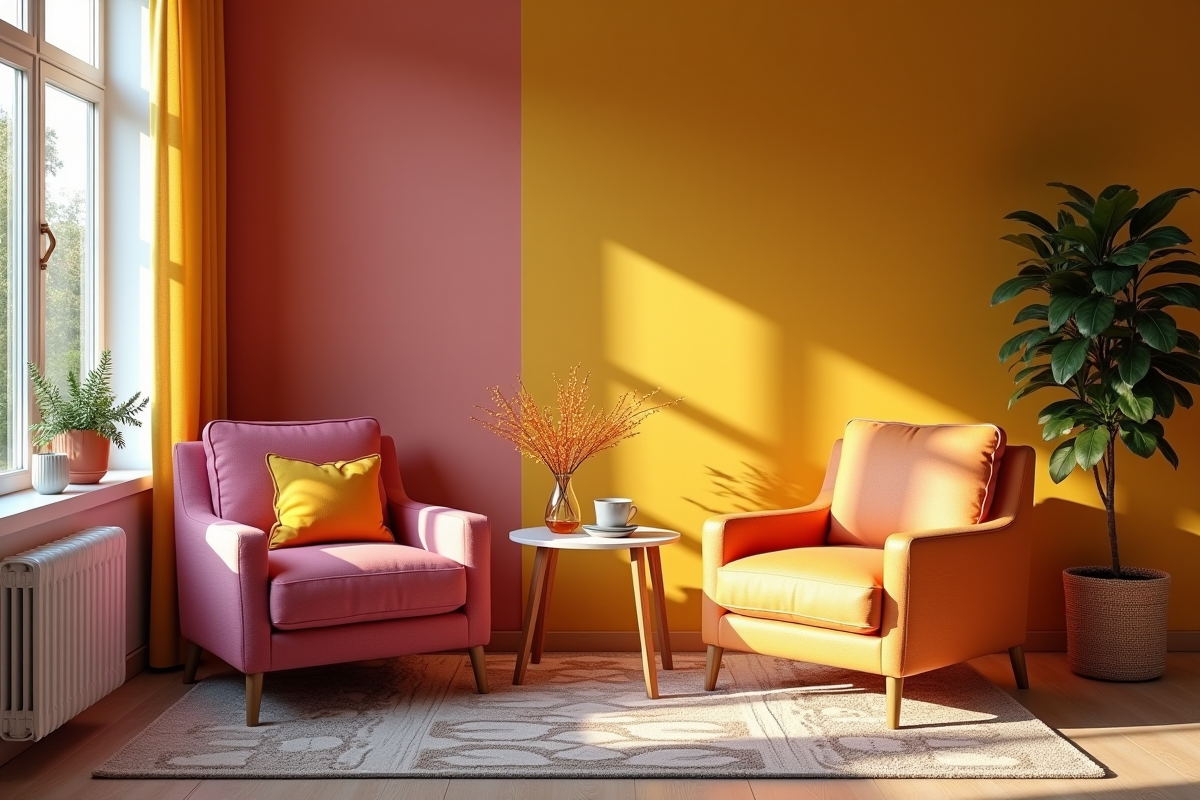Salon moderne avec fauteuils aux couleurs vives discordantes