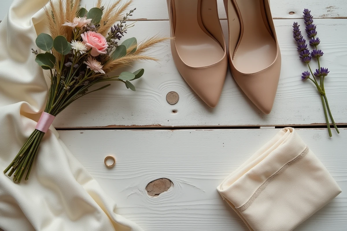 Flat lay d'accessoires de mariage civil à thème champêtre sur bois brut : bouquet de fleurs séchées, chaussures satin beige, alliance dorée et mouchoir en lin brodé