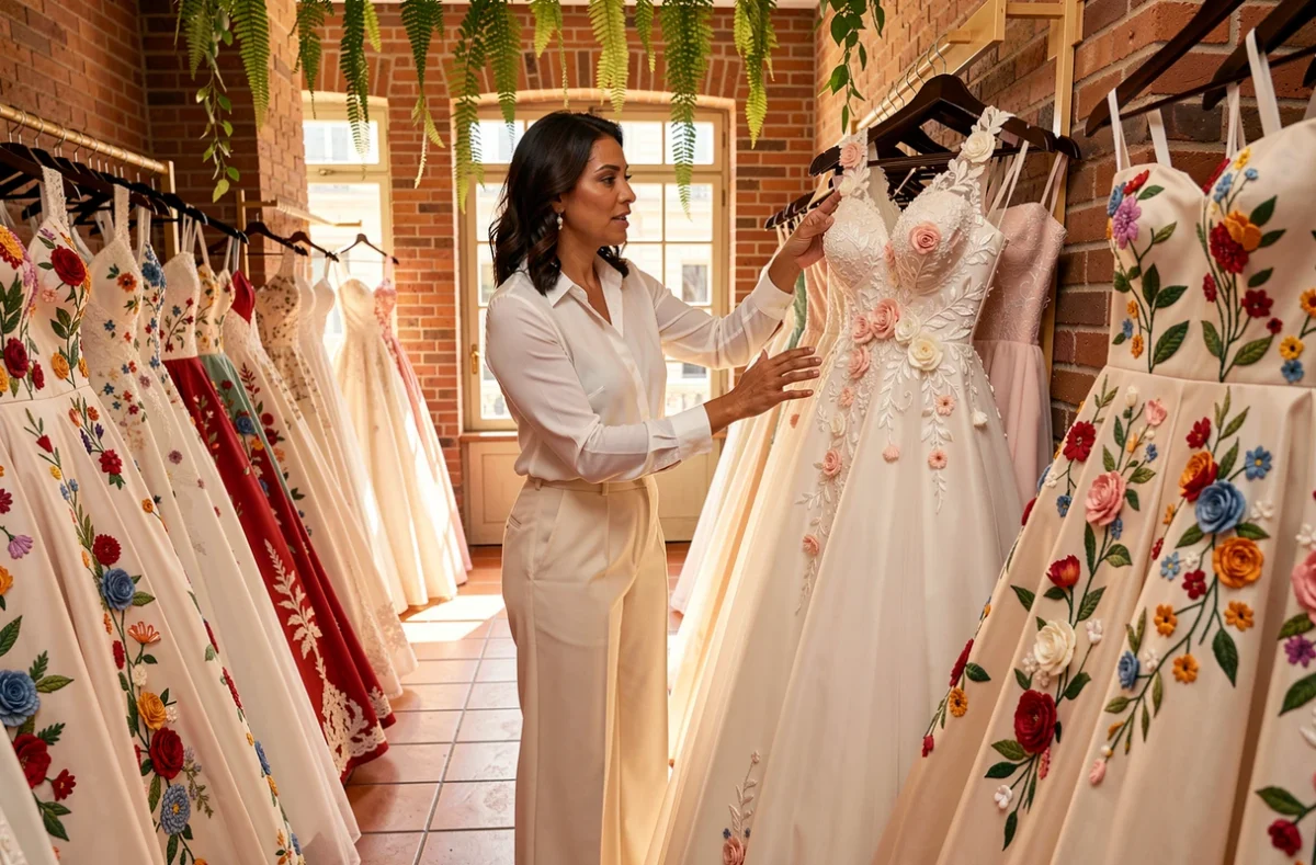 Créatrice Adriana Granados présentant des robes de mariée à broderies florales dans sa boutique lyonnaise