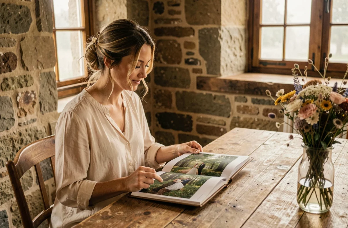 Mariée feuilletant un album photo de mariage dans une ferme en pierre restaurée des Ardennes