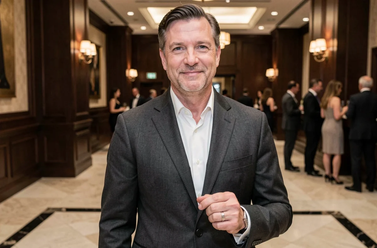 Homme en costume portant une alliance en argent à la main gauche lors d'un événement formel