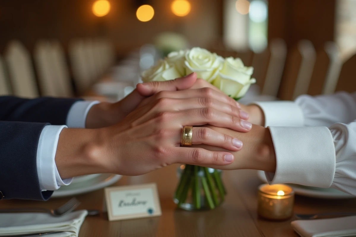 Gros plan sur deux mains masculines portant des alliances en or sur une table de réception de mariage