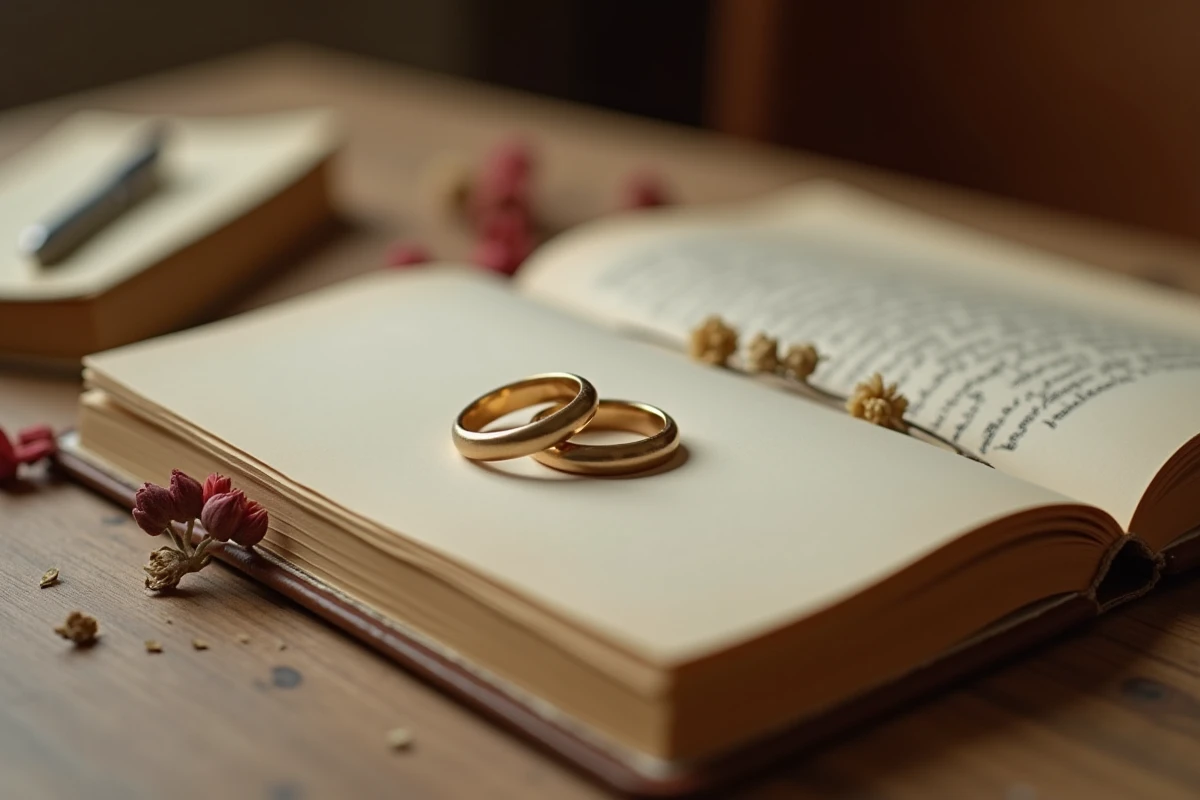 Deux alliances en or posées sur un journal en cuir vintage avec des pétales séchés, symbolisant le mariage discret et le mystère de la vie privée