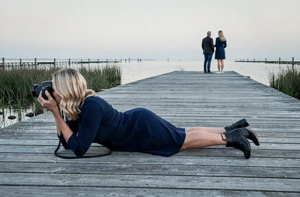 Amie Beaton Photograph allongée sur un ponton du Bassin d'Arcachon pour photographier un couple de mariés