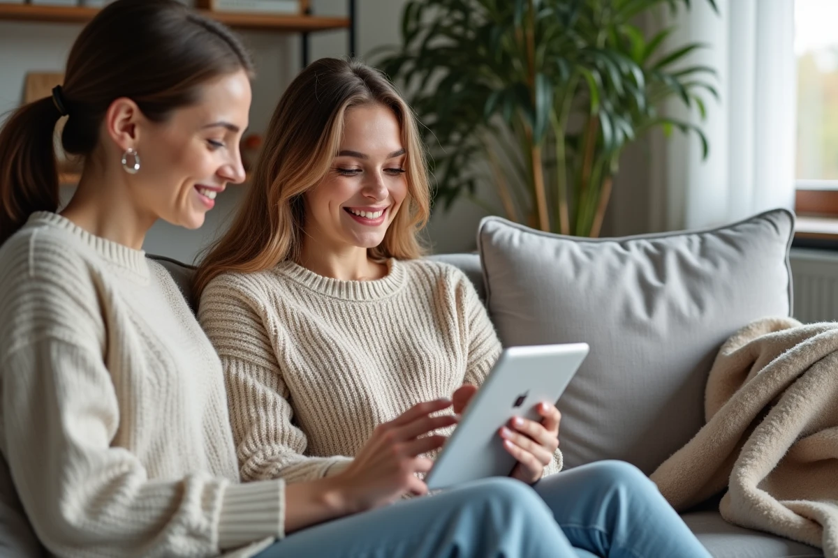 Deux amies consultant ensemble les avis clients sur un site de robes de mariée pas cher et fiable