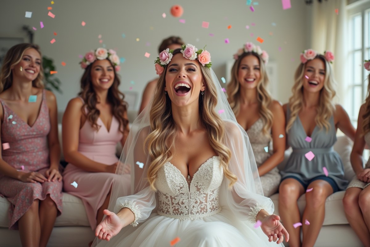 Amies surprenant la future mariée avec accessoires amusants en intérieur