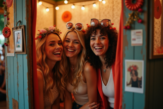 Groupe d'amis dans un photomaton festif intérieur