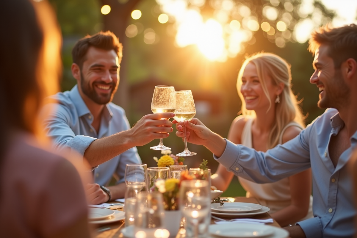 Couple joyeux célébrant leur anniversaire de mariage dans un jardin ensoleille