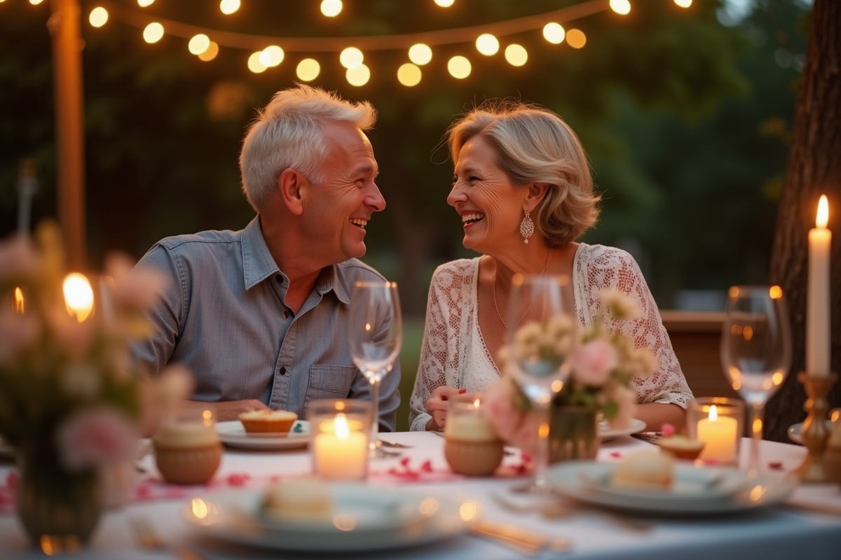 Couple mature riant lors d un anniversaire de mariage en plein air