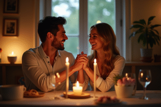 Couple heureux célébrant leur anniversaire à la maison