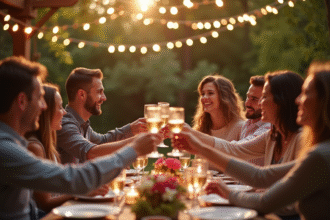 Couple célébrant 14 ans de mariage dans un jardin décoré