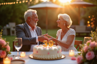 Couple d'âge moyen dans un jardin ensoleille avec gateau 39 ans