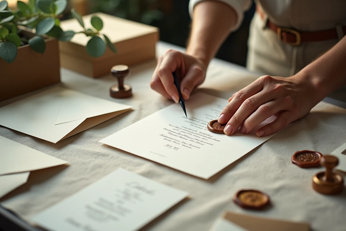Mains artisan appliquant un cachet cire sur invitation