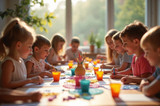 Enfants autour d'une table colorée lors d'une activité créative en famille
