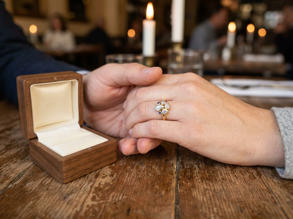 Gros plan de mains avec une bague de fiançailles personnalisée en or posée sur une table en bois rustique