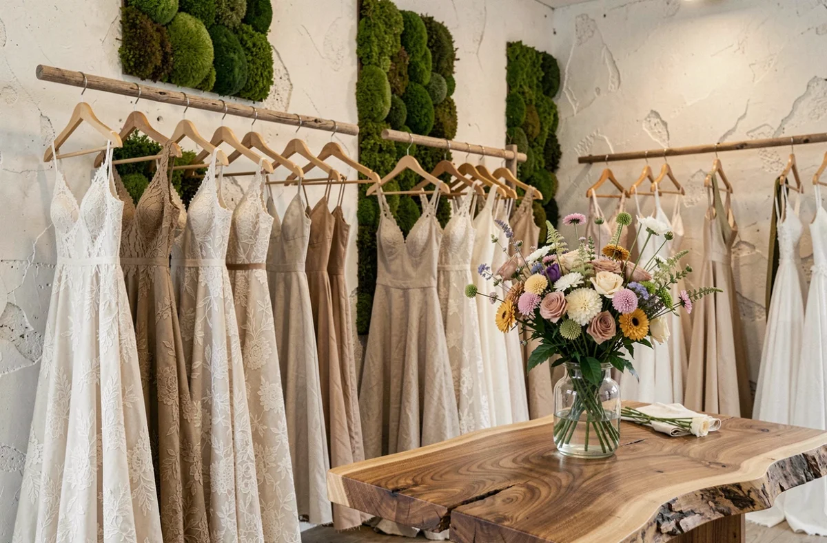 Robes de mariée en tissus biologiques et naturels exposées dans la boutique éco-responsable Bahor Eco Couture