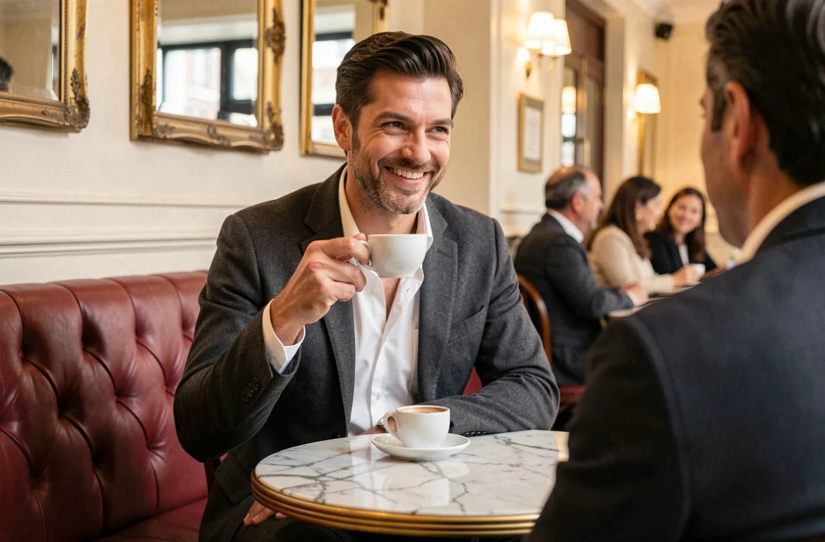 Homme en blazer gris dans un café parisien classique, illustrant un moment de vie privée et de couple pour un article sur Benjamin Haddad