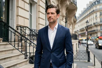 Portrait d'un homme politique élégant en costume marine devant un immeuble haussmannien parisien, illustrant la vie publique de Benjamin Haddad