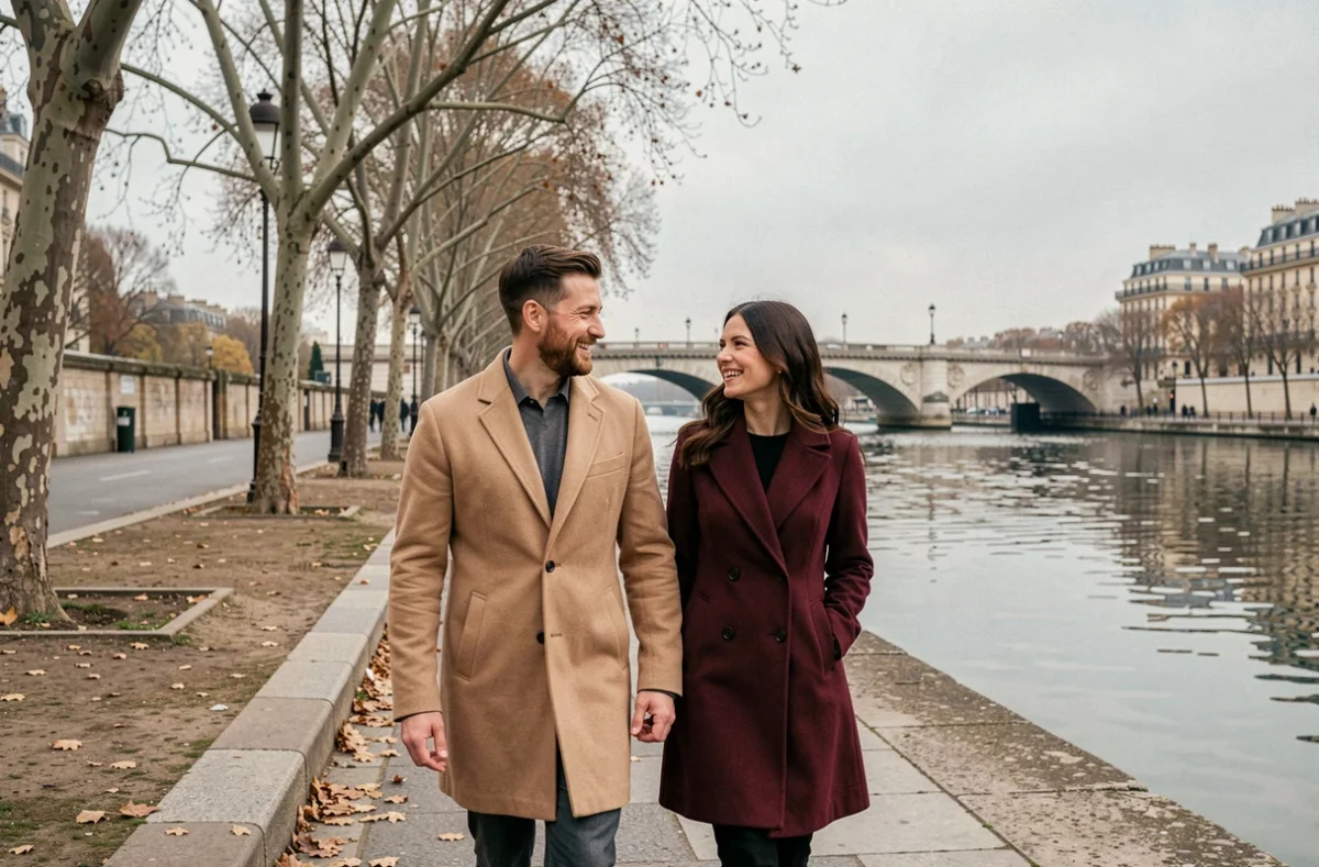 Couple élégant se promenant au bord de la Seine à Paris en automne, évoquant la vie de couple d'un personnage public comme Benjamin Haddad