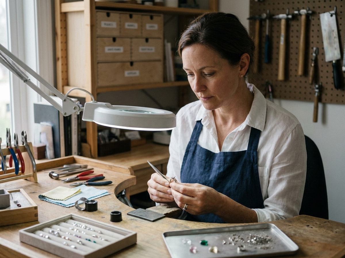 Bijoutière artisane créant une bague de fiançailles sur mesure dans son atelier de joaillerie