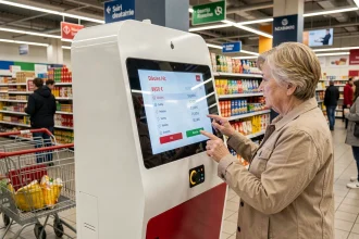 Borne photo selfie installée dans un hypermarché Leclerc avec affichage des tarifs sur écran tactile