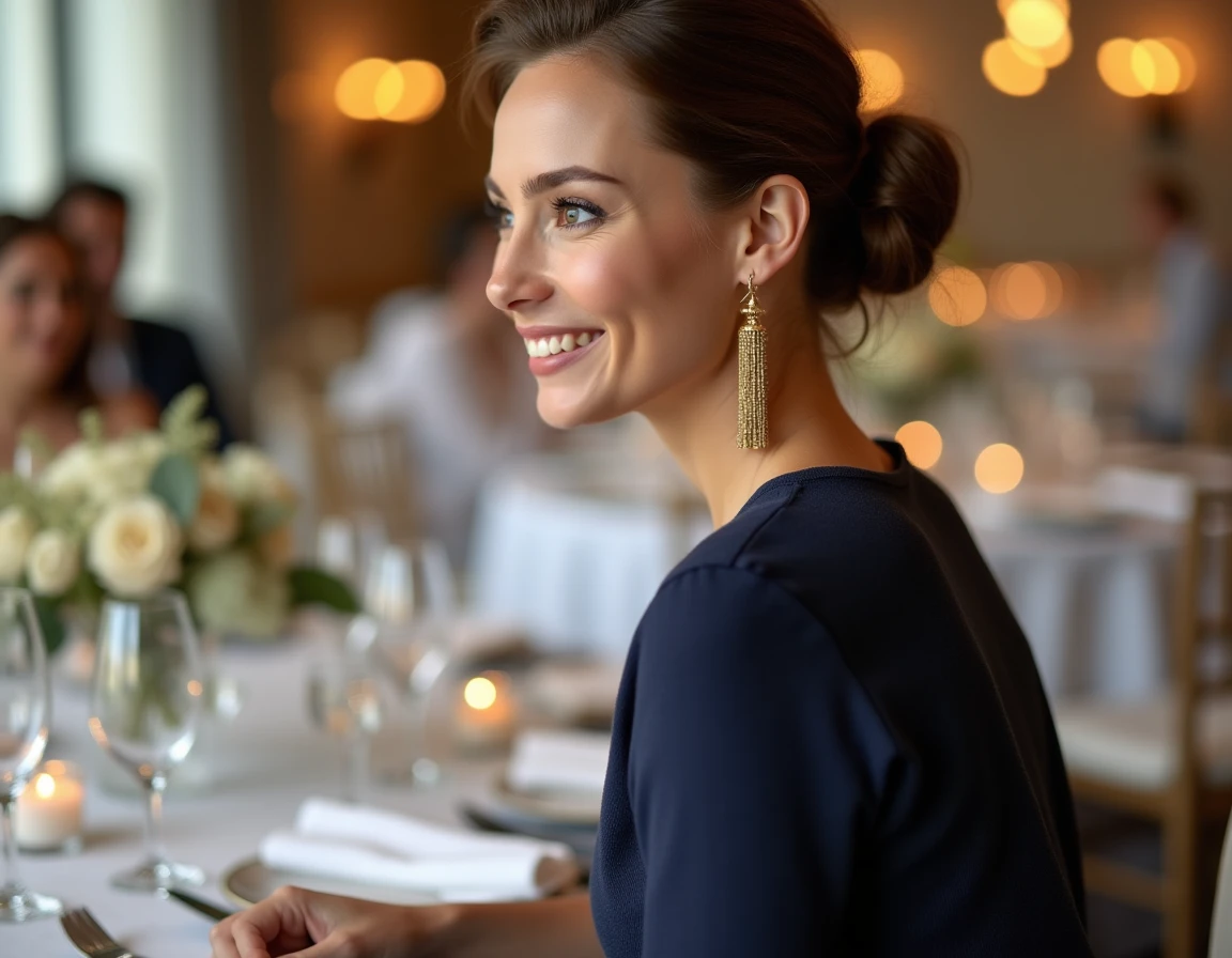 Invitée de mariage de profil portant une boucle d'oreille dorée longue en salle de réception