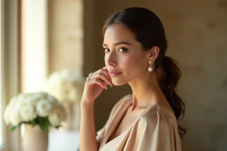 Femme élégante portant une boucle d'oreille perle dorée lors d'un mariage chic en château