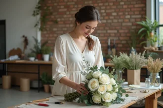 Femme arrangeant un bouquet de mariée DIY avec des roses blanches et de l'eucalyptus pour optimiser le budget fleuriste mariage