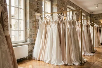 Intérieur d'une boutique de robes de mariée en Auvergne-Rhône-Alpes avec des robes blanches suspendues sur un portant en laiton