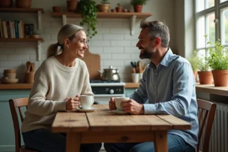 Femme et homme souriants partageant un café dans une cuisine chaleureuse