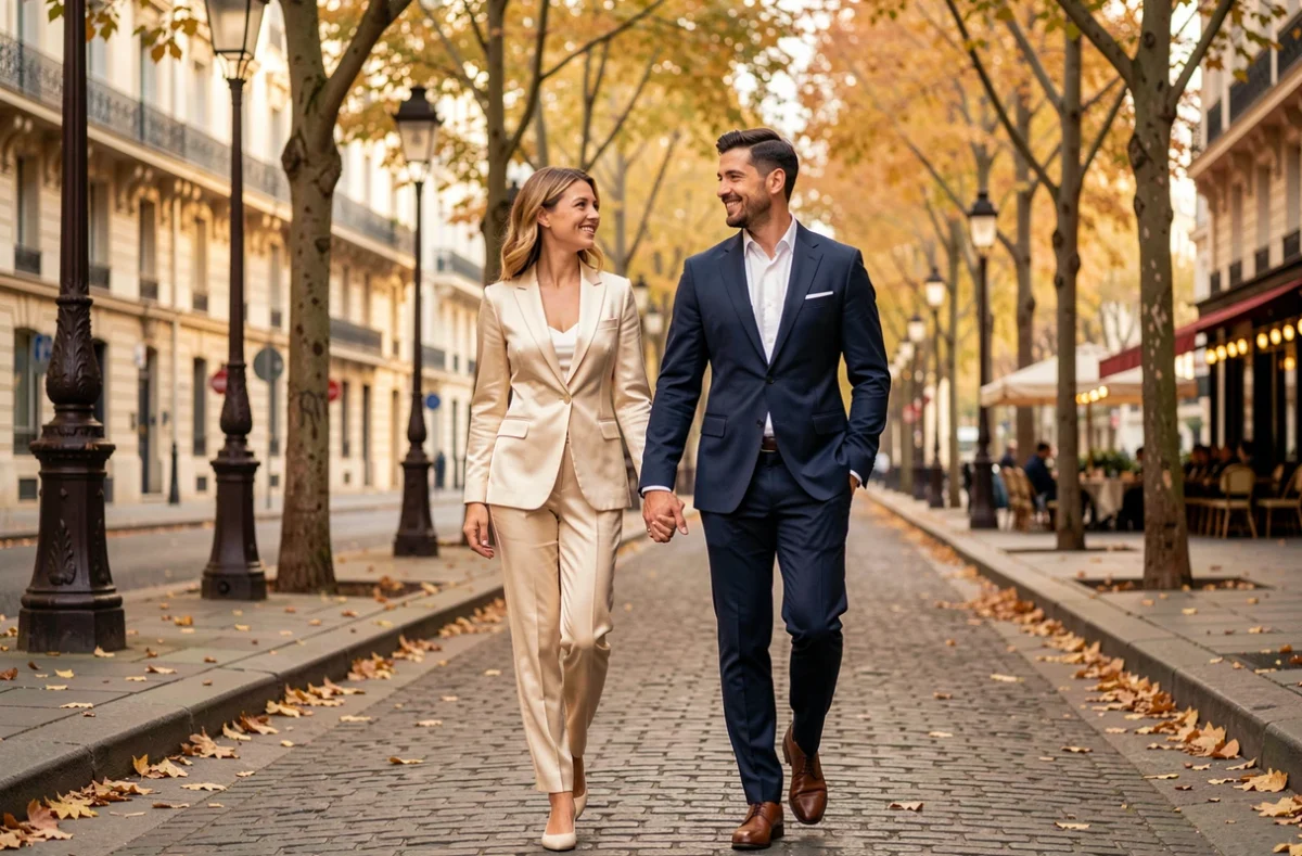 Couple élégant se promenant main dans la main sur un boulevard parisien aux tons dorés d'automne, illustrant une vie de couple raffinée à Paris