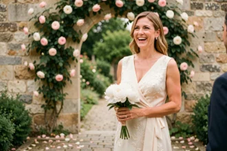 Femme élégante en robe ivoire tenant un bouquet de pivoines blanches devant une arche en pierre fleurie lors d'une cérémonie de mariage en Provence
