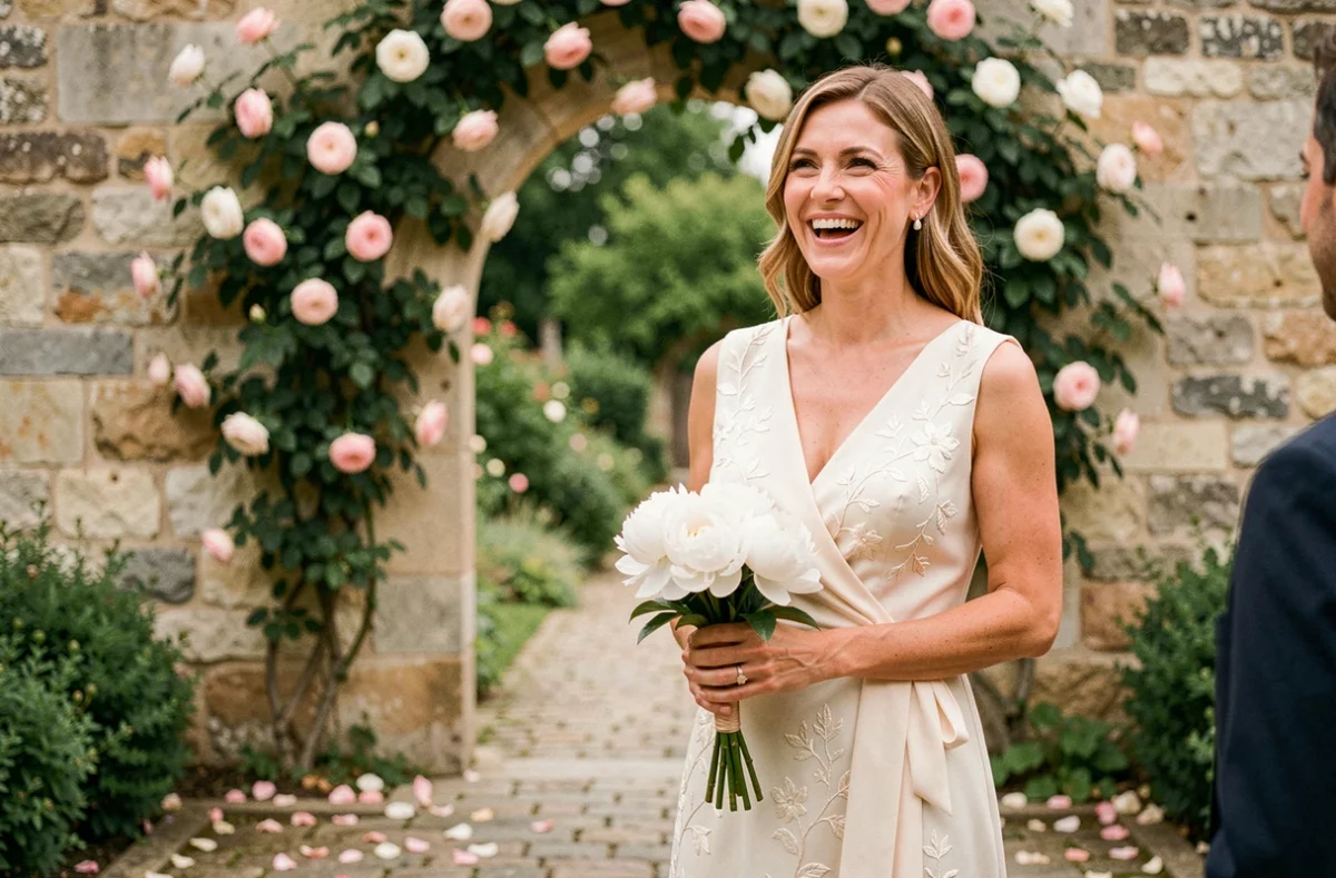 Femme élégante en robe ivoire tenant un bouquet de pivoines blanches devant une arche en pierre fleurie lors d'une cérémonie de mariage en Provence
