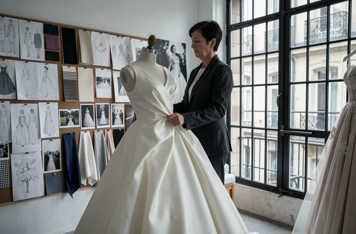 Styliste Caroline Takvorian drapant une robe de mariée en taffetas sculpté dans son studio de couture lyonnais