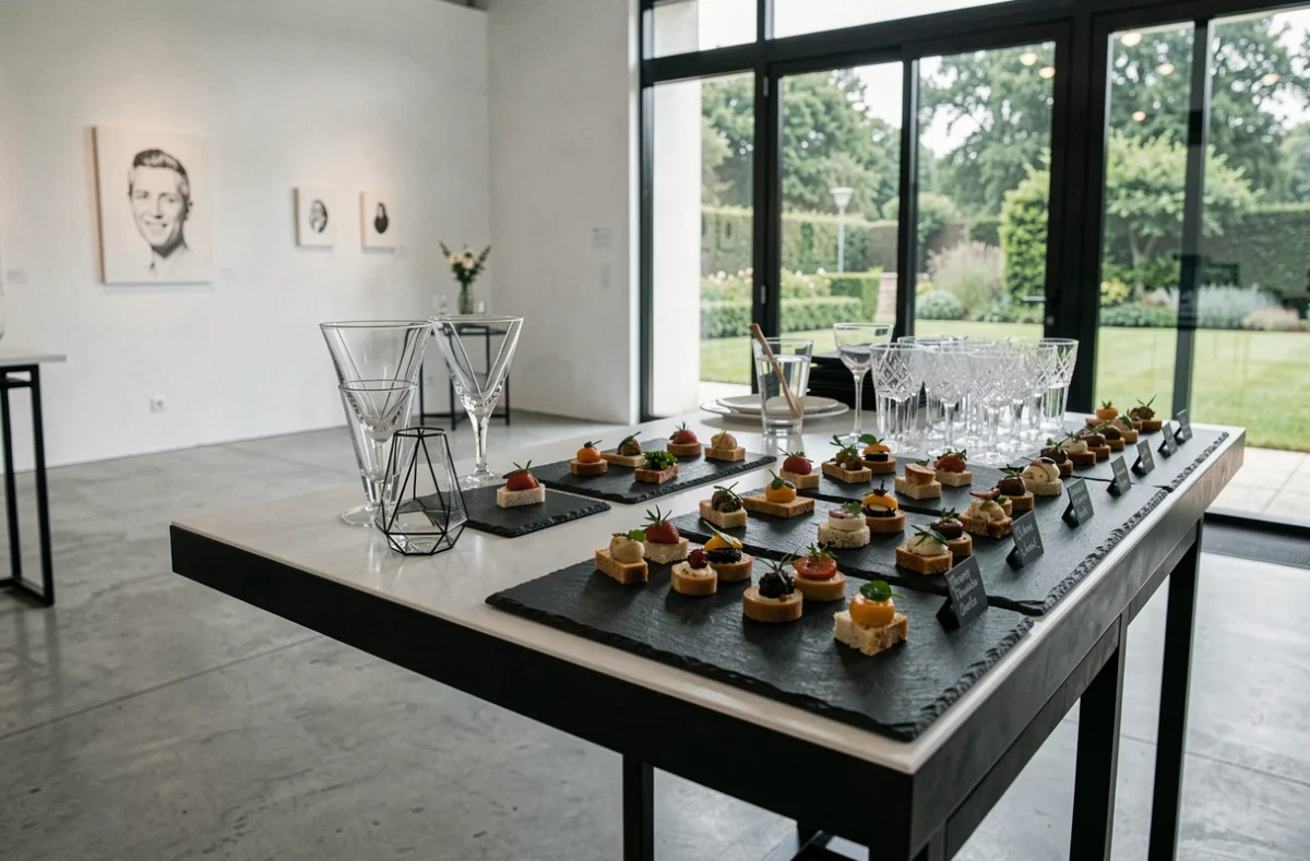 Cocktail mariage contemporain avec canapés sur ardoise organisé par CDJ Traiteur dans un espace moderne des Yvelines