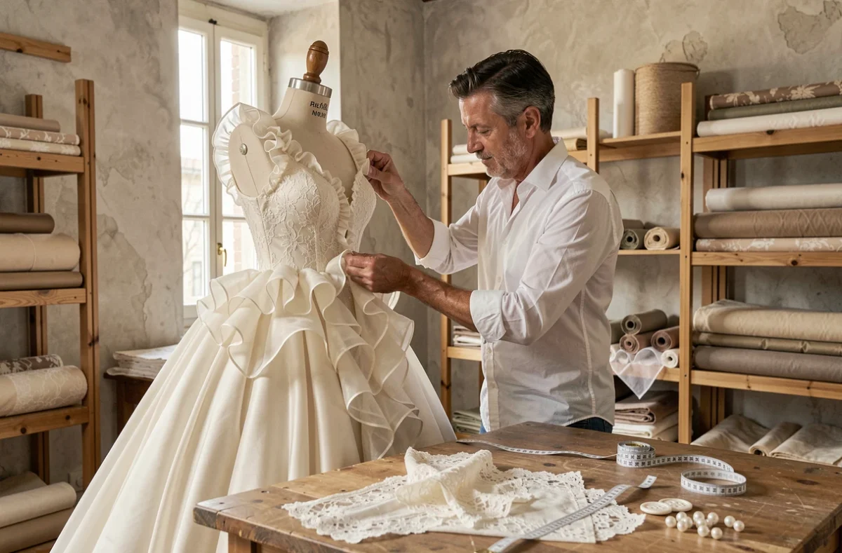 Couturier Cédric Mellado ajustant une robe de mariée en organza de soie dans son atelier de création à Lyon