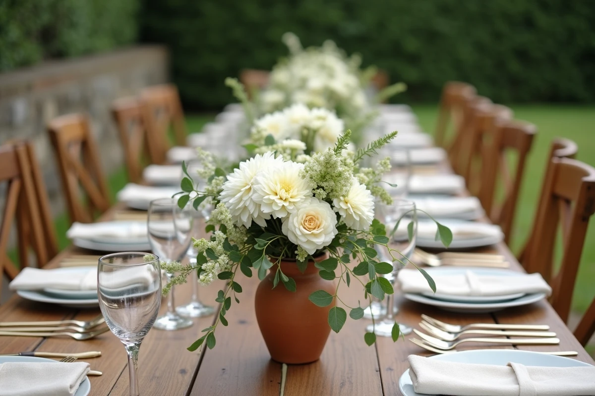 Centre de table mariage élégant et économique avec dahlias blancs et ranunculus dans un vase en terre cuite pour un mariage en plein air