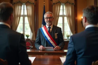 Cérémonie de mariage civil à la mairie avec le maire portant l'écharpe tricolore officiant devant les mariés