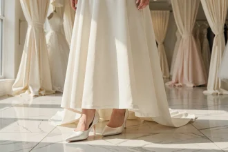 Chaussures blanches mariage à talon bas pour mariée ronde avec robe ivoire en satin, vue trois quarts en boutique