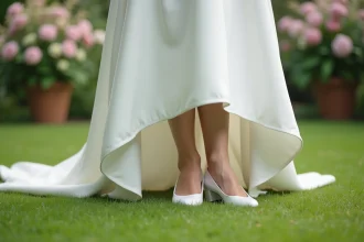 Mariée portant des chaussures blanches à talon large sur pelouse verte pour éviter de s'enfoncer dans l'herbe