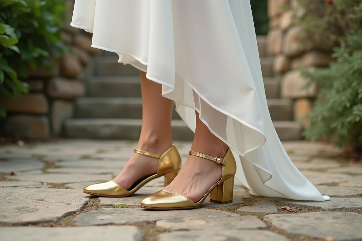 Mariée portant des chaussures dorées confortables à talon bloc sur un chemin pavé lors d'une réception en jardin