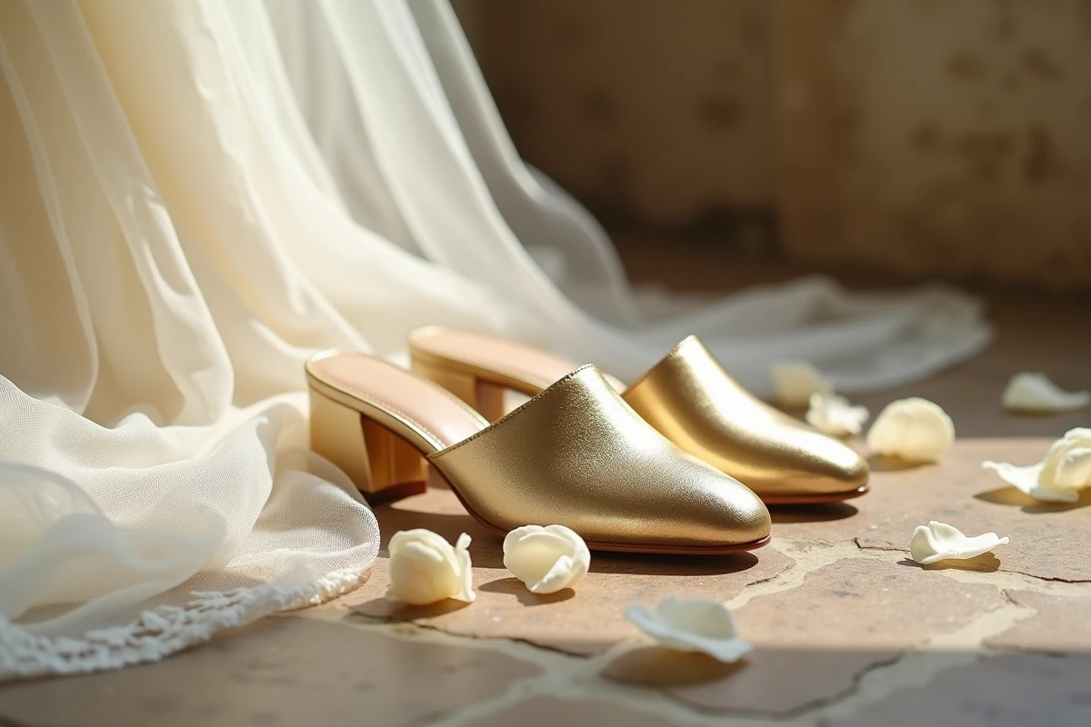 Chaussures de mariée dorées à petit talon posées sur un sol en pierre entourées de pétales de roses blanches