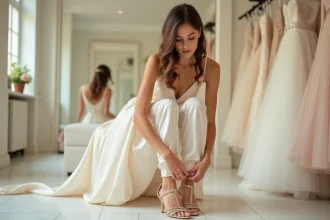 Mariée essayant des chaussures dorées à talons dans une boutique de mariage élégante