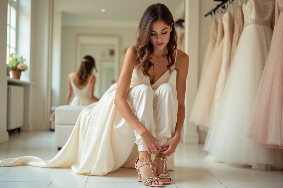 Mariée essayant des chaussures dorées à talons dans une boutique de mariage élégante