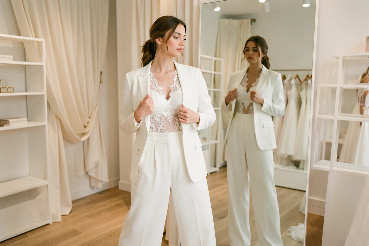 Jeune femme essayant une combinaison mariée blanche à jambes larges dans une boutique de mariage parisienne, se regardant dans un miroir