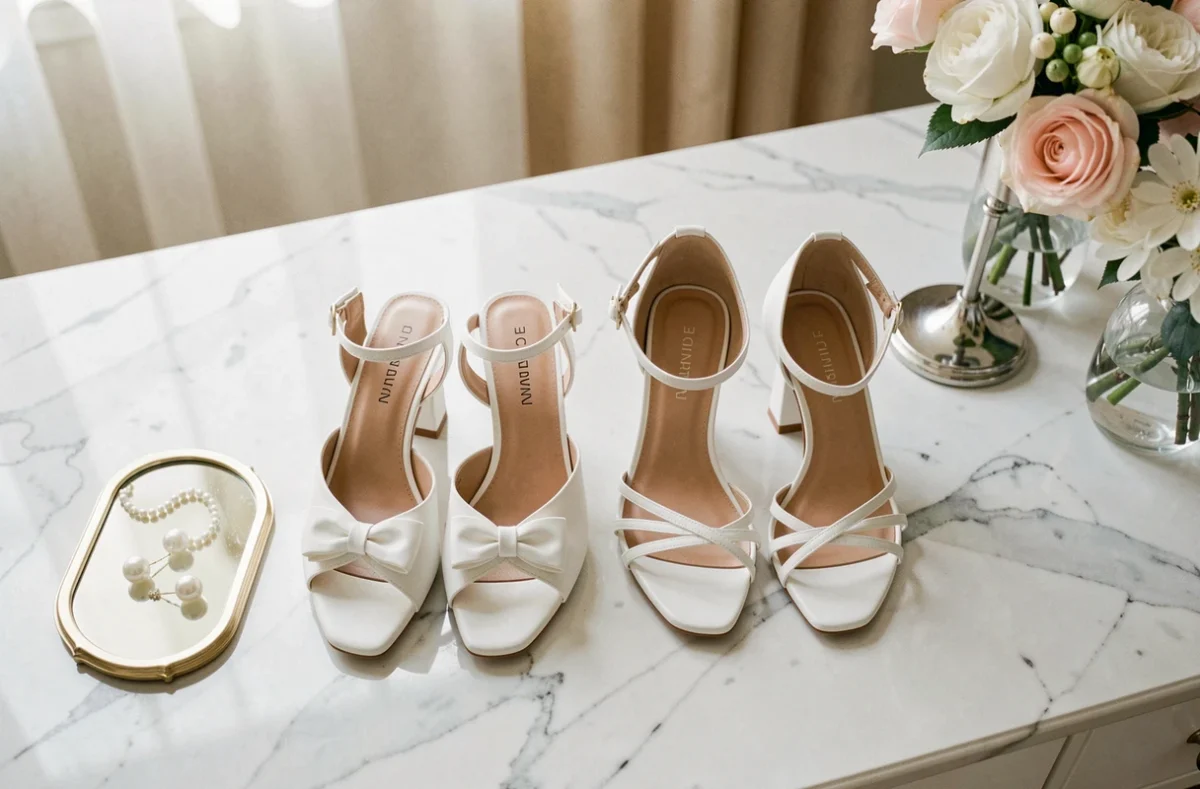 Deux paires de chaussures blanches de mariée sur marbre blanc : mules à nœud et sandales à talon chaton
