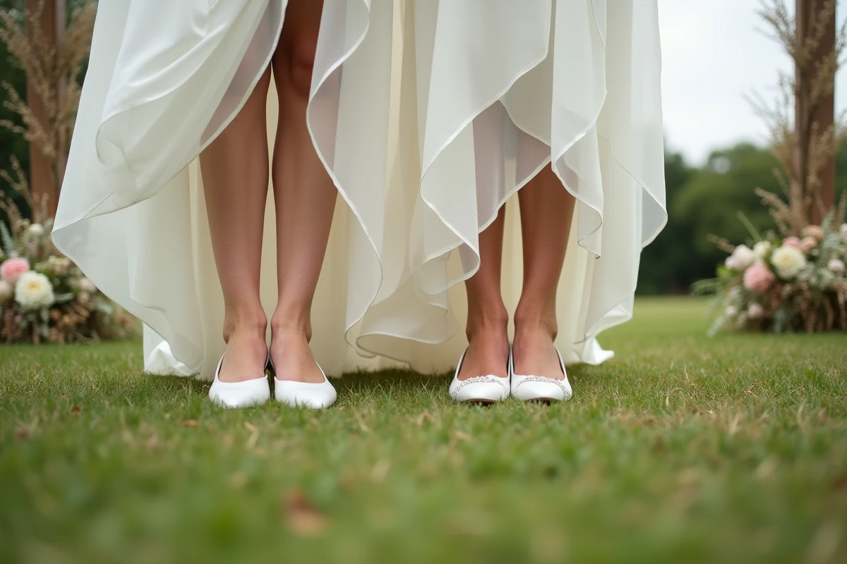 Deux femmes en tenue de mariée comparant différents modèles de chaussures blanches adaptées à un mariage en extérieur sur herbe