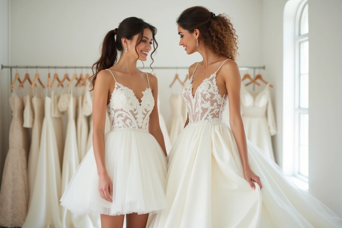 Comparaison robe de mariée princesse courte et longue dans une boutique de mariage moderne