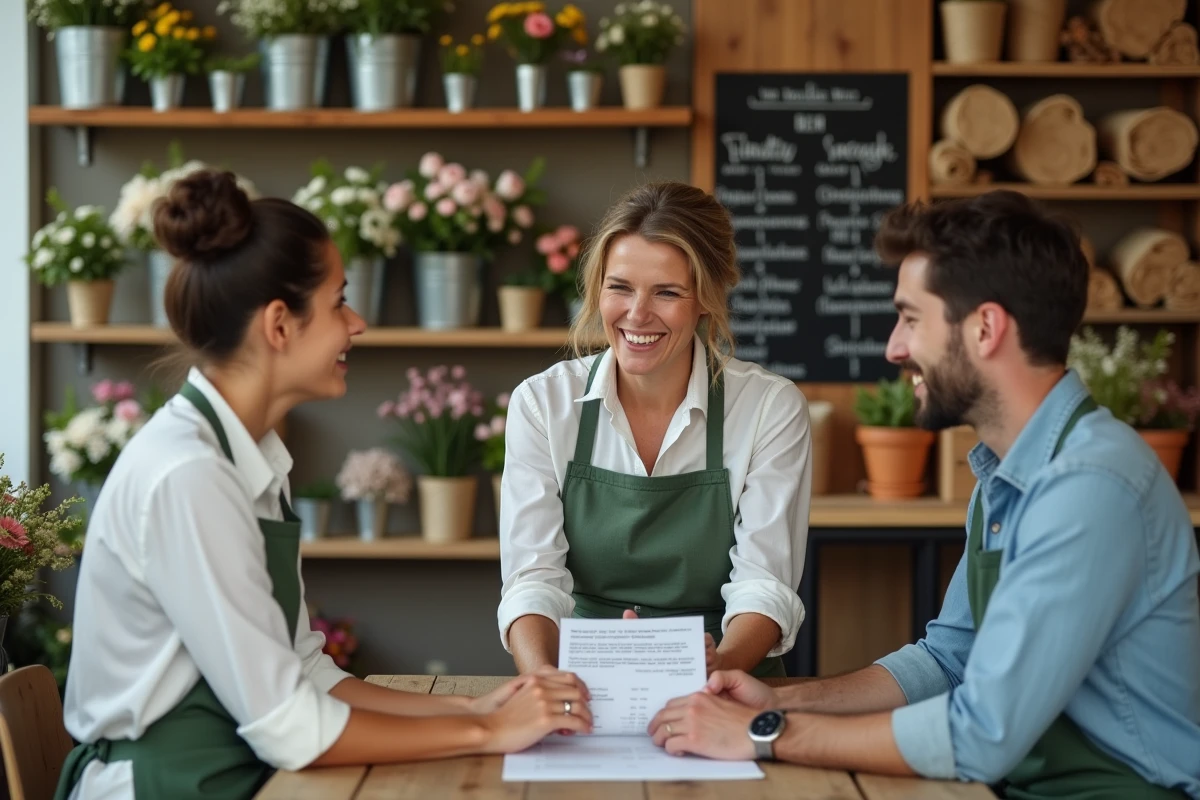 Fleuriste discutant du devis et des prix avec un couple de futurs mariés dans une boutique de fleurs
