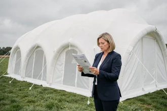 Coordinatrice événementielle inspectant les normes de sécurité d'une tente de réception gonflable blanche dans un champ